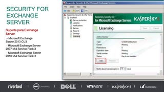 SECURITY FOR
EXCHANGE
SERVER
34
Suporte para Exchange
Server
- Microsoft Exchange
Server 2013 CU3
- Microsoft Exchange Server
2007 x64 Service Pack 3
- Microsoft Exchange Server
2010 x64 Service Pack 3
 