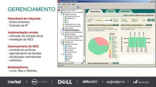 Descoberta de máquinas:
- Active Directory
- Subnets de IP
Implementação remota:
- remoção da solução atual
- instalação do KES
Gerenciamento do KES:
- controle de políticas
- agendamento de tarefas
- atualização centralizada
- relatórios
Multiplataforma:
- Linux, Mac e Mobiles
GERENCIAMENTO
 