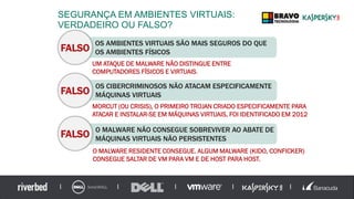 ► OS AMBIENTES VIRTUAIS SÃO MAIS SEGUROS DO QUE
OS AMBIENTES FÍSICOS?
UM ATAQUE DE MALWARE NÃO DISTINGUE ENTRE
COMPUTADORES FÍSICOS E VIRTUAIS.
FALSO
► OS CIBERCRIMINOSOS NÃO ATACAM ESPECIFICAMENTE
MÁQUINAS VIRTUAIS?FALSO
MORCUT (OU CRISIS), O PRIMEIRO TROJAN CRIADO ESPECIFICAMENTE PARA
ATACAR E INSTALAR-SE EM MÁQUINAS VIRTUAIS, FOI IDENTIFICADO EM 2012
► O MALWARE NÃO CONSEGUE SOBREVIVER AO ABATE DE
MÁQUINAS VIRTUAIS NÃO PERSISTENTES?FALSO
O MALWARE RESIDENTE CONSEGUE. ALGUM MALWARE (KIDO, CONFICKER)
CONSEGUE SALTAR DE VM PARA VM E DE HOST PARA HOST.
SEGURANÇA EM AMBIENTES VIRTUAIS:
VERDADEIRO OU FALSO?
 