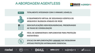 A ABORDAGEM AGENTLESS
TOTALMENTE INTEGRADO COM O VMWARE (VSHIELD)
FÁCIL DE ADMINISTRAR E IMPLEMENTAR PARA PROTEÇÃO
INSTANTÂNEA
SEM DUPLICAÇÕES NEM REDUNDÂNCIAS, PRESERVANDO
AS TAXAS DE CONSOLIDAÇÃO
EFICAZ EM IMPLEMENTAÇÕES VMWARE QUE REQUEIRAM
APENAS PROTEÇÃO ANTIMALWARE ESSENCIAL
O EQUIPAMENTO VIRTUAL DE SEGURANÇA VERIFICA OS
ARQUIVOS E BLOQUEIA ATAQUES DE REDE
 
