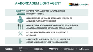 A ABORDAGEM LIGHT AGENT
SUPORTE PARA AMBIENTES VMWARE, CITRIX E
MICROSOFT HYPER-V
APLICAÇÃO DE POLÍTICAS DE WEB, DISPOSITIVO E
APLICAÇÃO
O AGENTE LEVE ADICIONA FUNCIONALIDADES DE SEGURANÇA
AVANÇADAS SEM AFETAR AS TAXAS DE CONSOLIDAÇÃO
A PREVENÇÃO AUTOMÁTICA DE EXPLOIT IMPEDE QUE
CÓDIGO MALICIOSO EXPLORE VULNERABILIDADES
O EQUIPAMENTO VIRTUAL DE SEGURANÇA VERIFICA OS
ARQUIVOS PARA CADA VM NO HOST
 