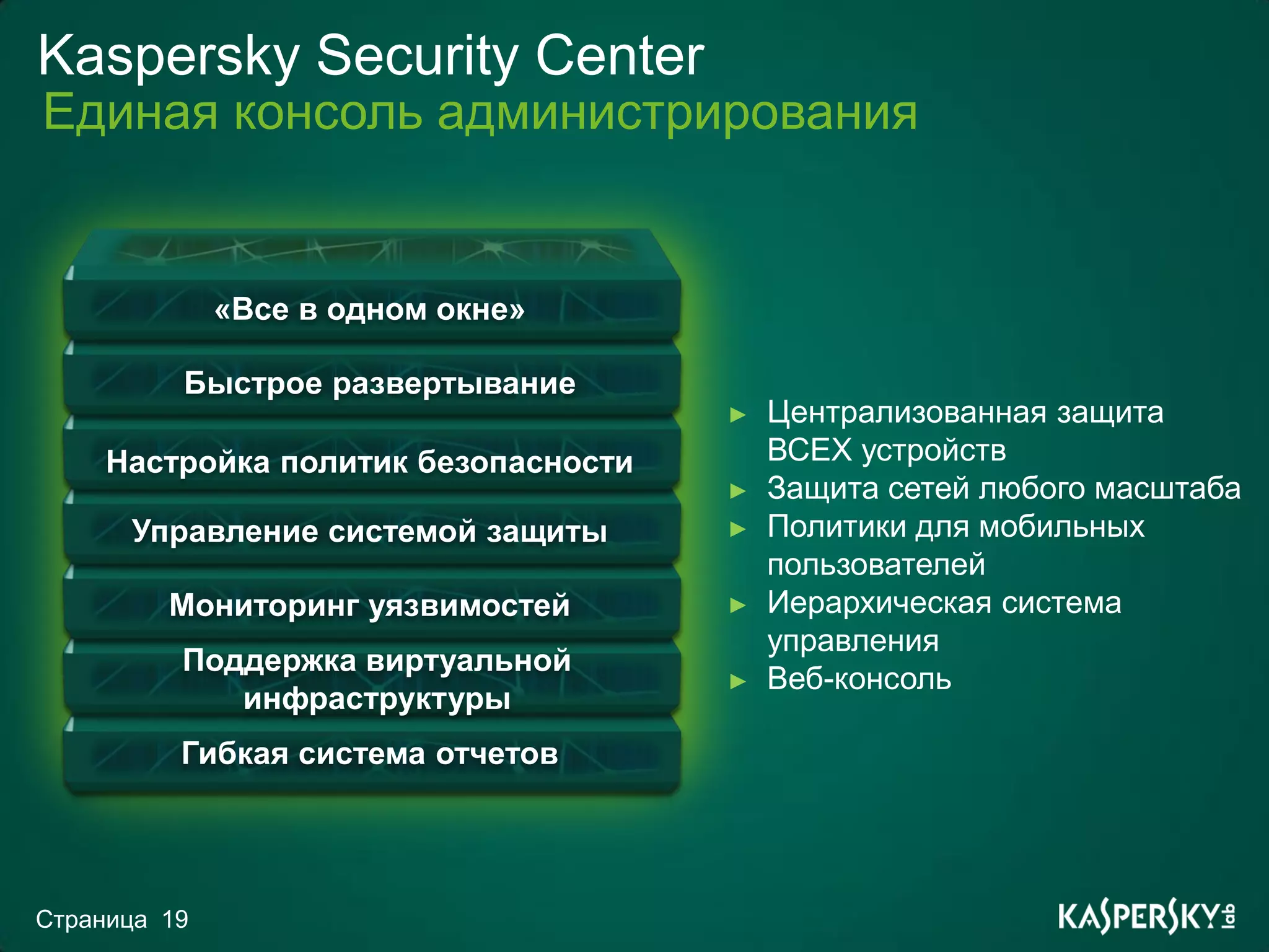 Kaspersky Security Center
Единая консоль администрирования


              «Все в одном окне»

          Быстрое развертывание
                                      ►   Централизованная защита
     Настройка политик безопасности       ВСЕХ устройств
                                      ►   Защита сетей любого масштаба
      Управление системой защиты      ►   Политики для мобильных
                                          пользователей
         Мониторинг уязвимостей       ►   Иерархическая система
                                          управления
          Поддержка виртуальной
                                      ►   Веб-консоль
             инфраструктуры
          Гибкая система отчетов




Страница 19
 
