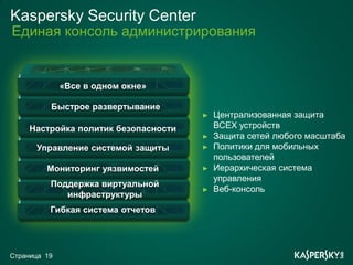 Kaspersky Security Center
Единая консоль администрирования


              «Все в одном окне»

          Быстрое развертывание
                                      ►   Централизованная защита
     Настройка политик безопасности       ВСЕХ устройств
                                      ►   Защита сетей любого масштаба
      Управление системой защиты      ►   Политики для мобильных
                                          пользователей
         Мониторинг уязвимостей       ►   Иерархическая система
                                          управления
          Поддержка виртуальной
                                      ►   Веб-консоль
             инфраструктуры
          Гибкая система отчетов




Страница 19
 
