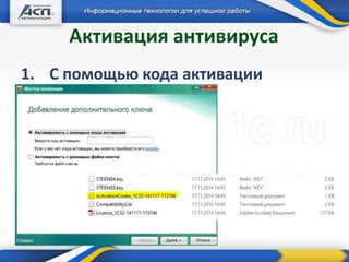 Активация антивируса
1. С помощью кода активации
+ Дополнительные продукты
 