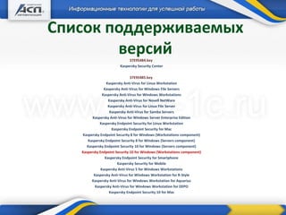 Список поддерживаемых
версий37E95484.key
Kaspersky Security Center
37E95485.key
Kaspersky Anti-Virus for Linux Workstation
Kaspersky Anti-Virus for Windows File Servers
Kaspersky Anti-Virus for Windows Workstations
Kaspersky Anti-Virus for Novell NetWare
Kaspersky Anti-Virus for Linux File Server
Kaspersky Anti-Virus for Samba Servers
Kaspersky Anti-Virus for Windows Server Enterprise Edition
Kaspersky Endpoint Security for Linux Workstation
Kaspersky Endpoint Security for Mac
Kaspersky Endpoint Security 8 for Windows (Workstations component)
Kaspersky Endpoint Security 8 for Windows (Servers component)
Kaspersky Endpoint Security 10 for Windows (Servers component)
Kaspersky Endpoint Security 10 for Windows (Workstations component)
Kaspersky Endpoint Security for Smartphone
Kaspersky Security for Mobile
Kaspersky Anti-Virus 5 for Windows Workstations
Kaspersky Anti-Virus for Windows Workstation for R-Style
Kaspersky Anti-Virus for Windows Workstation for Aquarius
Kaspersky Anti-Virus for Windows Workstation for DEPO
Kaspersky Endpoint Security 10 for Mac
 