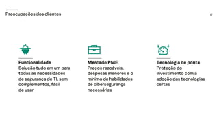 17
Preocupações dos clientes
Funcionalidade
Solução tudo em um para
todas as necessidades
de segurança de TI, sem
complementos, fácil
de usar
Mercado PME
Preços razoáveis,
despesas menores e o
mínimo de habilidades
de cibersegurança
necessárias
Tecnologia de ponta
Proteção do
investimento com a
adoção das tecnologias
certas
 