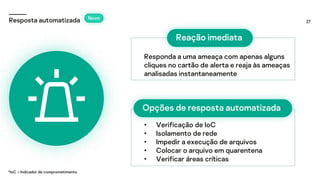 27
Resposta automatizada
Responda a uma ameaça com apenas alguns
cliques no cartão de alerta e reaja às ameaças
analisadas instantaneamente
• Verificação de IoC
• Isolamento de rede
• Impedir a execução de arquivos
• Colocar o arquivo em quarentena
• Verificar áreas críticas
Reação imediata
Opções de resposta automatizada
*IoC – Indicador de comprometimento
Novo
 