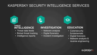 KASPERSKY SECURITY INTELLIGENCE SERVICES
INVESTIGATION
•  Malware analysis
•  Digital forensics
•  Incident investigation
EDUCATION
•  Cybersecurity
fundamentals
•  Digital forensics
•  Malware analysis &
reverse engineering
THREAT
INTELLIGENCE
•  Threat data feeds
•  Botnet threat tracking
•  Intelligence reports
 