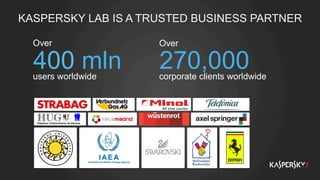 KASPERSKY LAB IS A TRUSTED BUSINESS PARTNER
users worldwide
Over
400 mln corporate clients worldwide
Over
270,000
 