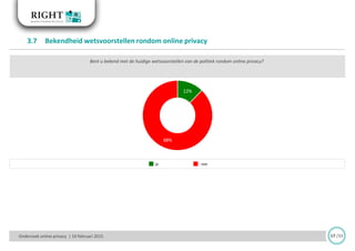 12%
88%
Onderzoek online privacy | 10 februari 2015
3.7 Bekendheid wetsvoorstellen rondom online privacy
17 /33
Bent u bekend met de huidige wetsvoorstellen van de politiek rondom online privacy?
neeja
 