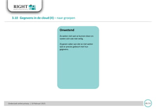 Onderzoek online privacy | 10 februari 2015 23 /33
3.10 Gegevens in de cloud (II) – naar groepen
Onwetend
Ze weten niet wat ze kunnen doen en
voelen zich ook niet veilig.
Zij geven vaker aan dat ze niet weten
wat er precies gebeurt met hun
gegevens.
 