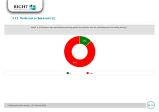 Onderzoek online privacy | 10 februari 2015
3.11 Verleden en toekomst (I)
24 /33
Heeft u zelf weleens een vervelende ervaring gehad ten aanzien van de schending van uw online privacy?
13%
87%
neeja
 