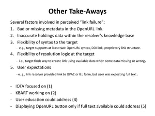 Other Take-Aways
Several factors involved in perceived “link failure”:
1. Bad or missing metadata in the OpenURL link.
2. Inaccurate holdings data within the resolver’s knowledge base
3. Flexibility of syntax to the target
    - e.g., target supports at least two: OpenURL syntax, DOI link, proprietary link structure.
4. Flexibility of resolution logic at the target
    - i.e., target finds way to create link using available data when some data missing or wrong.
5. User expectations
    - e. g., link resolver provided link to OPAC or ILL form, but user was expecting full text.


-   IOTA focused on (1)
-   KBART working on (2)
-   User education could address (4)
-   Displaying OpenURL button only if full text available could address (5)
 