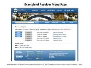 Example of Resolver Menu Page




Matthew Reidsma, “jQuery for Customizing Hosted Library Services", http://matthew.reidsrow.com/articles/11 (accessed April 19, 2012)
 