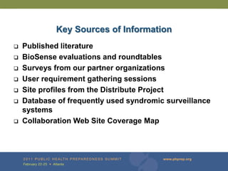 Key Sources of Information
   Published literature
   BioSense evaluations and roundtables
   Surveys from our partner organizations
   User requirement gathering sessions
   Site profiles from the Distribute Project
   Database of frequently used syndromic surveillance
    systems
   Collaboration Web Site Coverage Map
 
