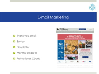 E-mail Marketing
 Thank you email
 Survey
 Newsletter
 Monthly Updates
 Promotional Codes
 