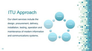 ITU Approach
33
Our client services include the
design, procurement, delivery,
installation, testing, operation and
maintenance of modern information
and communications systems.
Manage
Asses
DesignImplement
Operate
 
