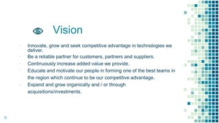 Vision
▪ Innovate, grow and seek competitive advantage in technologies we
deliver.
▪ Be a reliable partner for customers, partners and suppliers.
▪ Continuously increase added value we provide.
▪ Educate and motivate our people in forming one of the best teams in
the region which continue to be our competitive advantage.
▪ Expand and grow organically and / or through
acquisitions/investments.
5
 