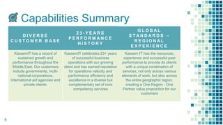 Capabilities Summary
8
D I V E R S E
C U S T O M E R B A S E
2 3 - Y E A R S
P E R F O R M A N C E
H I S T O R Y
G L O B A L
S T A N D A R D S –
R E G I O N A L
E X P E R I E N C E
KassemIT has a record of
sustained growth and
performance throughout the
Middle East. Our customers
include governments, multi-
national corporations,
international aid agencies and
private clients.
KassemIT celebrates 23+ years
of successful business
operations with our growing
client and has earned reputation
for operations velocity and
performance efficiency and
excellence in a diverse but
complementary set of core
competency services
Kassem IT has the resources,
experience and successful past
performance to provide its clients
with a unique combination of
services, not only across various
elements of work, but also across
the entire geographic region,
creating a One Region - One
Partner value proposition for our
customers
 