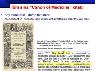 Prof.Dr. İbrahim USLU
İbni sina “Canon of Medicine” kitabı
• Bay laurel fruit – defne tohumları
• Antinociceptive analjezik, ağri kesiici, anti urolithiasis idrar taşi yok edici
 