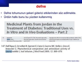 Prof.Dr. İbrahim USLU
defne
• Defne tohumunun şekeri giderici etkilerinden söz edilmekte.
• Ürdün halkı bunu bu yüzden kullanırmiş
 