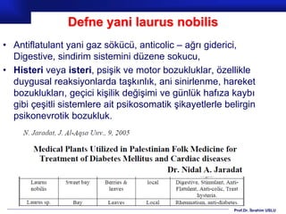 Prof.Dr. İbrahim USLU
Defne yani laurus nobilis
• Antiflatulant yani gaz sökücü, anticolic – ağrı giderici,
Digestive, sindirim sistemini düzene sokucu,
• Histeri veya isteri, psişik ve motor bozukluklar, özellikle
duygusal reaksiyonlarda taşkınlık, ani sinirlenme, hareket
bozuklukları, geçici kişilik değişimi ve günlük hafıza kaybı
gibi çeşitli sistemlere ait psikosomatik şikayetlerle belirgin
psikonevrotik bozukluk.
 