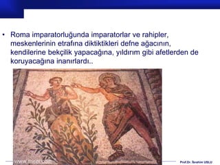 Prof.Dr. İbrahim USLU
• Roma imparatorluğunda imparatorlar ve rahipler,
meskenlerinin etrafına diktiktikleri defne ağacının,
kendilerine bekçilik yapacağına, yıldırım gibi afetlerden de
koruyacağına inanırlardı..
 