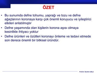 Prof.Dr. İbrahim USLU
ÖZET
• Bu sunumda defne tohumu, yaprağı ve tozu ve defne
ağaçlarının koronaya karşı çok önemli koruyucu ve iyileştirici
etkileri anlatılmıştır
• Defne yaşamında olan kişilerin korona aşısı olmaya
kesinlikle ihtiyacı yoktur
• Defne ürünleri ve özütleri koronayı önleme ve tedavi etmede
son derece önemli bir bitkisel üründür.
 