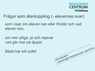 Frågor som återkoppling (- elevernas svar)
som visar om eleven kan eller förstår och vad
eleven kan.
om mer ytliga, ja och nejsvar
vad går mer på djupet
Båda har sitt syfte!
 