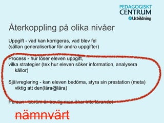Återkoppling på olika nivåer
Uppgift - vad kan korrigeras, vad blev fel
(sällan generaliserbar för andra uppgifter)
Process - hur löser eleven uppgift,
vilka strategier (tex hur eleven söker information, analysera
källor)
Självreglering - kan eleven bedöma, styra sin prestation (meta)
viktig att den(lära@lära)
Person - beröm är trevlig men ökar inte lärandet
nämnvärt
 