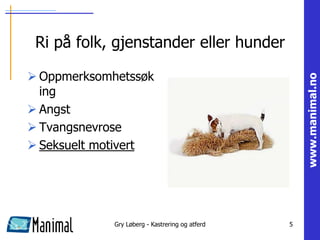 Ri på folk, gjenstander eller hunder

 Oppmerksomhetssøk




                                                     www.manimal.no
  ing
 Angst
 Tvangsnevrose
 Seksuelt motivert




             Gry Løberg - Kastrering og atferd   5
 