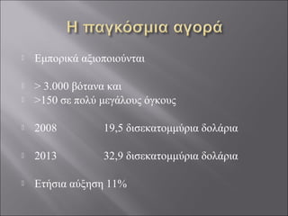  Εμπορικά αξιοποιούνται
 > 3.000 βότανα και
 >150 σε πολύ μεγάλους όγκους
 2008 19,5 δισεκατομμύρια δολάρια
 2013 32,9 δισεκατομμύρια δολάρια
 Ετήσια αύξηση 11%
 