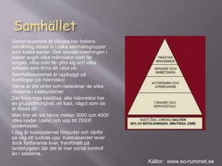 Samhället
Sedan tusentals år tillbaka har Indiens
befolkning delats in i olika samhällsgrupper
som kallas kaster. Den sociala indelningen i
kaster avgör vilka människor som får
umgås, vilka som får gifta sig och vilka
arbeten som finns att välja på.
Samhällssystemet är uppbyggt på
hudfärgen på människor.
Varna är det ordet som betecknar de olika
nivåerna i kastsystemet
Det finns inga kastlösa, alla människor har
en grupptillhörighet, ett kast, något som de
är födda till.
Man tror att det fanns mellan 3000 och 4000
olika kaster (Jatis) och upp till 25000
underkaster.
I dag är kastsystemet förbjudet och därför
på väg att luckras upp. Kastväsendet lever
dock fortfarande kvar, framförallt på
landsbygden där det är mer social kontroll
än i städerna.
Källor: www.so-rummet.se
 