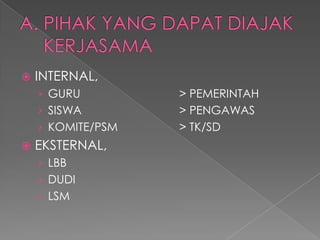    INTERNAL,
    › GURU         > PEMERINTAH
    › SISWA        > PENGAWAS
    › KOMITE/PSM   > TK/SD
   EKSTERNAL,
    › LBB
    › DUDI
    › LSM
 