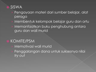    SISWA
    › Pengayaan materi dari sumber belajar, alat
      peraga
    › Membentuk kelompok belajar guru dan ortu
    › Memanfaatkan buku penghubung antara
      guru dan wali murid


   KOMITE/PSM
    › Memotivasi wali murid
    › Penggalangan dana untuk suksesnya nilai
     try out
 