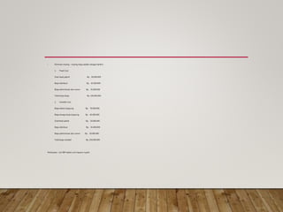 • Perincian masing – masing biaya adalah sebagai berikut :
1. Fixed Cost
Over head pabrik Rp. 60.000.000
Biaya distribusi Rp. 65.000.000
Biaya administrasi dan umum Rp. 25.000.000
Total biaya tetap Rp. 150.000.000
2. Variable Cost
Biaya bahan langsung Rp. 70.000.000
Biaya tenaga kerja langsung Rp. 85.000.000
Overhead pabrik Rp. 20.000.000
Biaya distribusi Rp. 45.000.000
Biaya administrasi dan umum Rp. 30.000.000
Total biaya variabel Rp. 250.000.000
Pertanyaan : Cari BEP dalam unit maupun rupiah
 