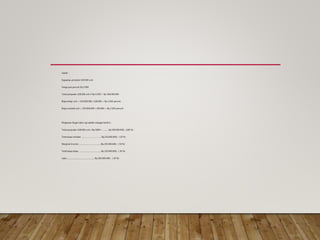 Jawab :
Kapasitas produksi 100.000 unit
Harga jual perunit Rp.5.000
Total penjualan 100.000 unit X Rp.5.000 = Rp 500.000.000
Biaya tetap unit = 150.000.000 / 100.000 = Rp.1.500 perunit
Biaya variabel unit = 250.000.000 / 100.000 = Rp.2.500 perunit
Ringkasan Buget laba rugi adalah sebagai berikut :
Total penjualan 100.000 unit x Rp.5000= …………Rp.500.000.000,- (100 %)
Total biaya variabel ………………………………..Rp.250.000.000,- ( 50 %)
Marginal Income …………………………………..Rp.250.000.000,- ( 50 %)
Total biaya tetap …………………………………...Rp.150.000.000,- ( 30 %)
Laba ….....................................................Rp.100.000.000,- ( 20 %)
 