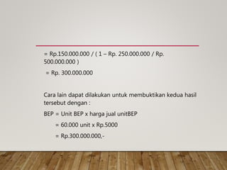 = Rp.150.000.000 / ( 1 – Rp. 250.000.000 / Rp.
500.000.000 )
= Rp. 300.000.000
Cara lain dapat dilakukan untuk membuktikan kedua hasil
tersebut dengan :
BEP = Unit BEP x harga jual unitBEP
= 60.000 unit x Rp.5000
= Rp.300.000.000,-
 