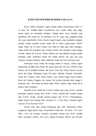 KASUS BUNUH DIRI DI KOREA SELATAN
Korea Selatan merupakan negara dengan tingkat perekonomian nomor 12
di dunia dan memilik...