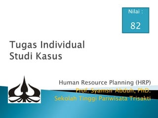 Nilai :

                          82




 Human Resource Planning (HRP)
       Prof. Syamsir Abduh, PhD.
Sekolah Tinggi Pariwisata Trisakti
 