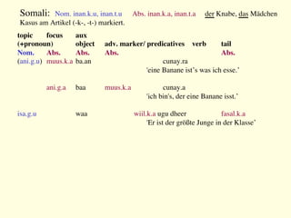 topic 
focus 
aux
(+pronoun) 
object 
adv. marker/ predicatives 
verb 
tail
Nom. 
Abs. 
Abs. 
Abs. 
 
 
 
Abs.
(ani.g.u) 
muus.k.a
ba.an 
 
 
cunay.ra 

'eine Banane ist’s was ich esse.’


ani.g.a 
baa 
muus.k.a
 
cunay.a 

'ich bin's, der eine Banane isst.’

isa.g.u 
 
waa 
 
wiil.k.a ugu dheer 
 
fasal.k.a
'Er ist der größte Junge in der Klasse’

Somali: Nom. inan.k.u, inan.t.u 
Abs. inan.k.a, inan.t.a 
der Knabe, das Mädchen
Kasus am Artikel (-k-, -t-) markiert.
 