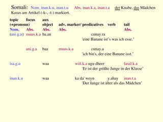 topic 
focus 
aux
(+pronoun) 
object 
adv. marker/ predicatives 
verb 
tail
Nom. 
Abs. 
Abs. 
Abs. 
 
 
 
Abs.
(ani.g.u) 
muus.k.a
ba.an 
 
 
cunay.ra 

'eine Banane ist’s was ich esse.’


ani.g.a 
baa 
muus.k.a
 
cunay.a 

'ich bin's, der eine Banane isst.’

isa.g.u 
 
waa 
 
wiil.k.a ugu dheer 
 
fasal.k.a
'Er ist der größte Junge in der Klasse’

inan.k.u 
 
waa 
 
ka da' weyn 
y.ahay 
inan.t.a
'Der Junge ist älter als das Mädchen’

Somali: Nom. inan.k.u, inan.t.u 
Abs. inan.k.a, inan.t.a 
der Knabe, das Mädchen
Kasus am Artikel (-k-, -t-) markiert.
 