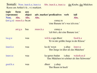 topic 
focus 
aux
(+pronoun) 
object 
adv. marker/ predicatives 
verb 
tail
Nom. 
Abs. 
Abs. 
Abs. 
 
 
 
Abs.
(ani.g.u) 
muus.k.a
ba.an 
 
 
cunay.ra 

'eine Banane ist’s was ich esse.’


ani.g.a 
baa 
muus.k.a
 
cunay.a 

'ich bin's, der eine Banane isst.’

isa.g.u 
 
waa 
 
wiil.k.a ugu dheer 
 
fasal.k.a
'Er ist der größte Junge in der Klasse’

inan.k.u 
 
waa 
 
ka da' weyn 
y.ahay 
inan.t.a
'Der Junge ist älter als das Mädchen’

inan.t.u 
 
waa 
 
ka qurux-badan 
t.ahay 
walash.ee.d
'Das Mädchen ist schöner als ihre Schwester’

geed.k.u 
 
waa 
 
dheer 
y.ahay 

'Der Baum ist hoch'

Somali: Nom. inan.k.u, inan.t.u 
Abs. inan.k.a, inan.t.a 
der Knabe, das Mädchen
Kasus am Artikel (-k-, -t-) markiert.
 