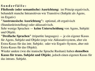 S o n d e r f ä l l e :
Fließende (oder semantische) Ausrichtung: im Prinzip ergativisch, 
behandelt manche Intransitiven wie Transitive (Subjekt als Agens, 
im Ergativ)
"Austronesische Ausrichtung": optional, ob ergativisch 
(Standardeinstellung) oder akkusativisch.
Sehr wenige Sprachen — keine Unterscheidung von Agens, Subjekt 
und Objekt.
"Dreifache Sprachen" (tripartite languages) — je ein eigener Kasus 
für Agens, Subjekt und Objekt (ergo wie Akkusativsystem, aber ein 
Extra-Kasus für das intr. Subjekt; oder wie Ergativ-System, aber mit 
Extra-Kasus für das Objekt).
Wieder andere (wie die iranische Sprache Rushani) haben denselben 
Kasus für trans. Subjekt und Objekt, jedoch einen eigenen Kasus für 
das intrans. Subjekt.
 