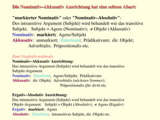 Die Nominativ–Akkusativ Ausrichtung hat eine seltene Abart: 

"markierter Nominativ" oder "Nominativ–Absolutiv":
Des intransitive Argument (Subjekt) wird behandelt wie das transitive 
Subjekt. Subjekt = Agens (Nominativ); ≠ Objekt (Akkusativ)
Nominativ: markiert; Agens/Subjekt
Akkusativ: unmarkiert; Zitierform; Prädikativum; dir. Objekt; 

 
Adverbialis; Präpositionalis etc.

Zum Vergleich nochmals:
Nominativ–Akkusativ Ausrichtung:
Das intransitive Argument (Subjekt) wird behandelt wie das transitive 
Subjekt-Argument. 
Nominativ: Zitierform; Agens/Subjekt; Prädikativum
Akkusativ: dir. Objekt; Adverbialis (nächsten Sommer); 

 
 
Präpositionalis (für dich) etc.

Ergativ–Absolutiv Ausrichtung: 
Das intransitive Argument (Subjekt) wird behandelt wie das transitive 
Objekt-Argument. Subjekt = Objekt (Absolutiv); ≠ Agens (Ergativ)
Ergativ: markiert; Agens
Absolutiv: Zitierform; intransitives Subjekt, dir. Objekt etc.
 