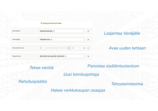 Rahoituspäätös
Uusi toimitusjohtaja
Laajentaa Venäjälle
Avaa uuden tehtaan
Panostaa sisällöntuotantoon
Tehostamistoimia
Hakee verkkokaupan osaajaa
Tekee vientiä
 