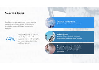 Vainu etsii liidejä
Älykkäät kohderyhmät
Parhaimman kohderyhmän etsimiseen
Dataan perustuvat päätelmät
Yrityksien identiteetin ja suunnitelmien  
tunnistaminen digitaalisen jalanjäljen  
perusteella
74%
Forrester Research on tutkinut,
että 74 % prosenttia B2B-
kaupoista menee sille toimijalle,
joka ensimmäisenä tunnistaa
asiakkaan tarpeen.
Oikea ajoitus
Mitkä murrokset nostavat prospektin  
todennäköisyyttä konvertoitua kaupaksi
Indeksoimme ja analysoimme verkon avointa
dataa ja etsimme signaaleja, jotka nostavat
prospektin todennäköisyyttä konvertoitua
kaupaksi.
 
