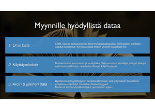 CRM, excelit, tarjouskannat, listat messuosallistujista, henkilöstön kontaktit,
saadut suosittelut, nykyasiakkaat, toisen yksikön asiakkaat jne.1. Oma Data
Myynnille hyödyllistä dataa
2. Käyttäymisdata
3. Avoin & julkinen data
Markkinoinnin automaatio ja analytiikka. Web-sivuston vierailijat, eKirjan lataajat,
webinaariosallistujat, newsletter-tilaajat, käyttöaste jne.
Dynaamiset myyntitriggerit: henkilövaihdokset, isot yritystason muutokset,
epäjatkuvuuskohdat, toimialakohtaiset triggerit
Modernit kohderyhmäluokittelut perinteisten sijaan.
 