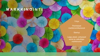 M A R K K I N O I N T I
Yritys
Perinteiset
markkinointikanavat
Startup
Laaja yleisö, erityisesti
some ja vaikuttaja-
markkinointi
 