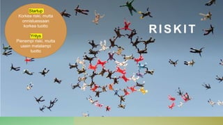 RISKIT
Startup
Korkea riski, mutta
onnistuessaan
korkea tuotto
Yritys
Pienempi riski, mutta
usein matalampi
tuotto
 